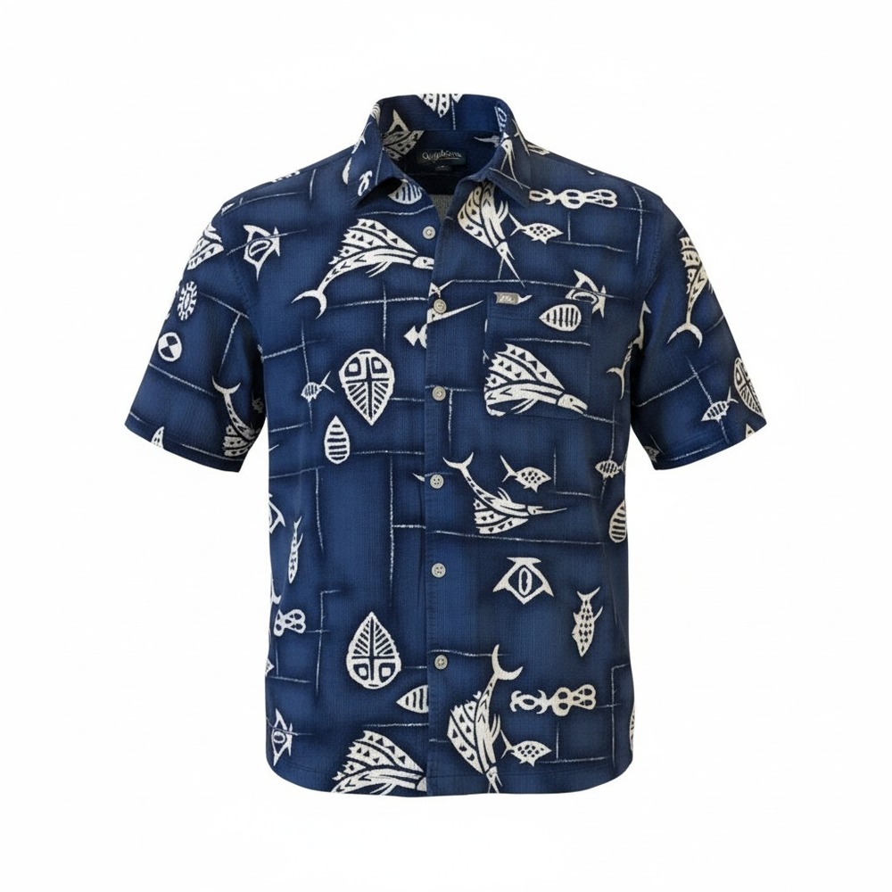 Quiksilver Mens Blue Tribal Fish Print Textured‎ Button Down Shirt Large L Short